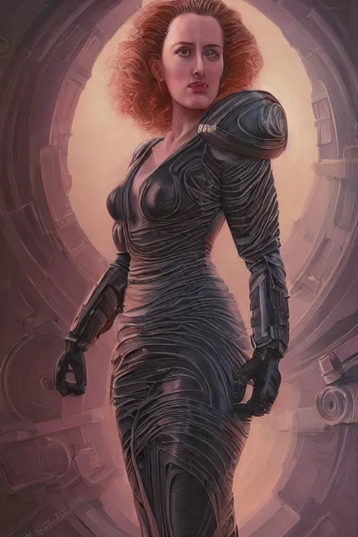 Prompt: young Gillian Anderson as a ruggedly beautiful retro SCI-FI heroine 1985 , intricate, elegant, highly detailed, centered, digital painting, artstation, concept art, smooth, sharp focus, illustration, art by artgerm and donato giancola and Joseph Christian Leyendecker, Ross Tran, WLOP