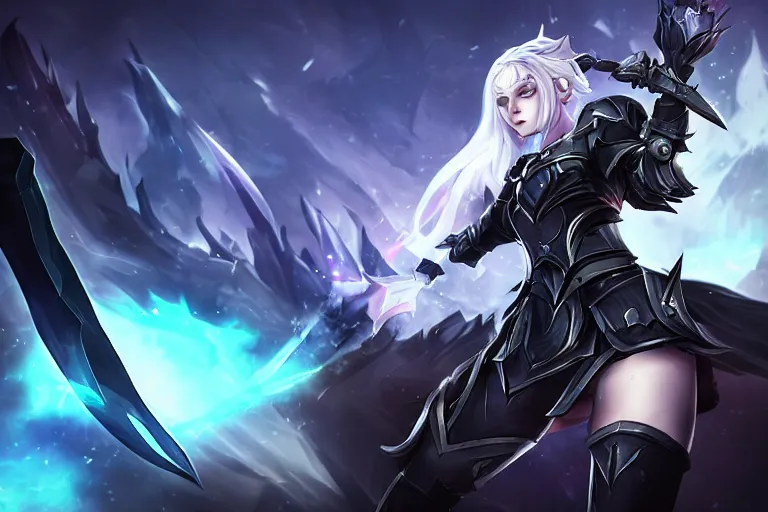 Prompt: A heroine wearing black armor, she is holding a black sword, League of legends splash art