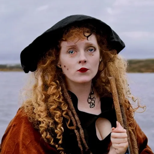 Prompt: a woman curled up in a ball on the deck of a ship, a beautiful english woman with a long face narrow nose pale skin blue eyes red lips and wild messy tangles of curly white blonde hair, high resolution film still wearing a black robe and skull necklace and holding a spear, sandy, a journey to the west