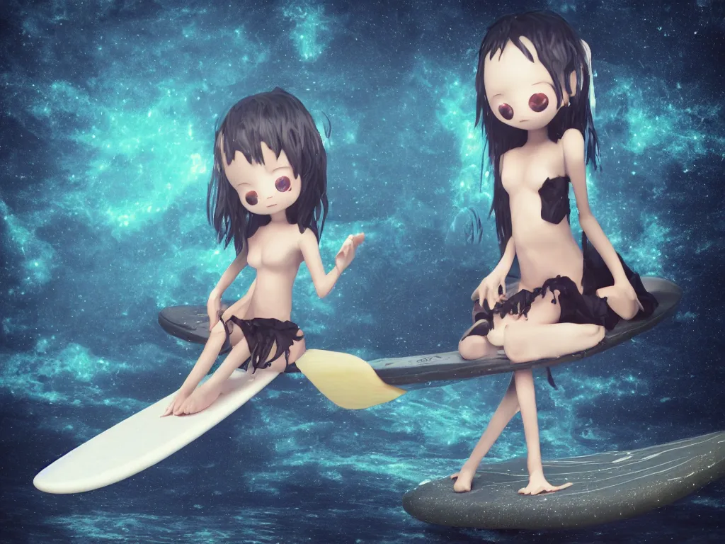 Image similar to cute fumo plush gothic maiden alien girl sitting on a surfboard in the waves of the dark galactic abyss, tattered ragged dress, ocean waves and reflective splashing water, vignette, vray