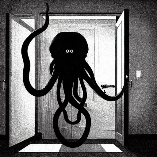 Prompt: grainy horror movie still of tentacles monster in closet, child room, moonlight, eerie, artstation