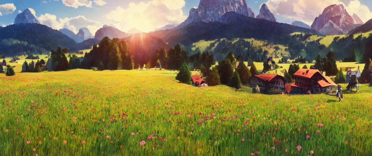 Image similar to a ultra photorealistic and sharp film still of an a sunny and colourful open field in 1 9 0 0 in the middle of the bavarian alps, germany. wide shot, wes anderson, studio ghibli, pixar and disney animation, octane render, anime key art by greg rutkowski, dramatic lighting, award winning photography