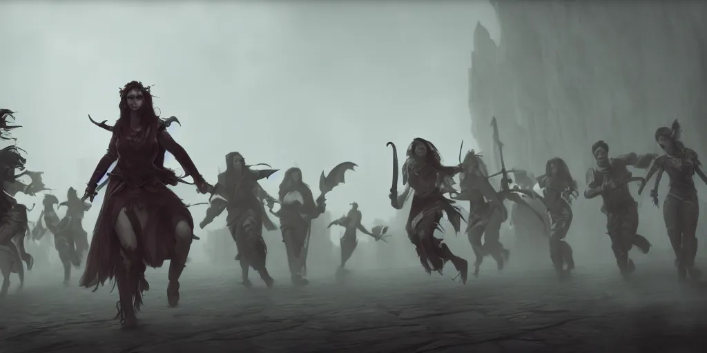 Prompt: cinematic, concept art, high fantasy matte painting, of a female bard and her adventuring party running from an angry crowd, foggy, depth of field, 8k, 35mm film grain, unreal engine 5 render