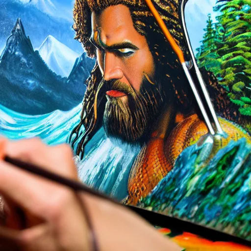 Image similar to a closeup photorealistic photograph of bob ross working on a canvas painting of aquaman. film still. brightly lit scene. mountains and trees. this 4 k hd image is trending on artstation, featured on behance, well - rendered, extra crisp, features intricate detail, epic composition and the style of unreal engine.