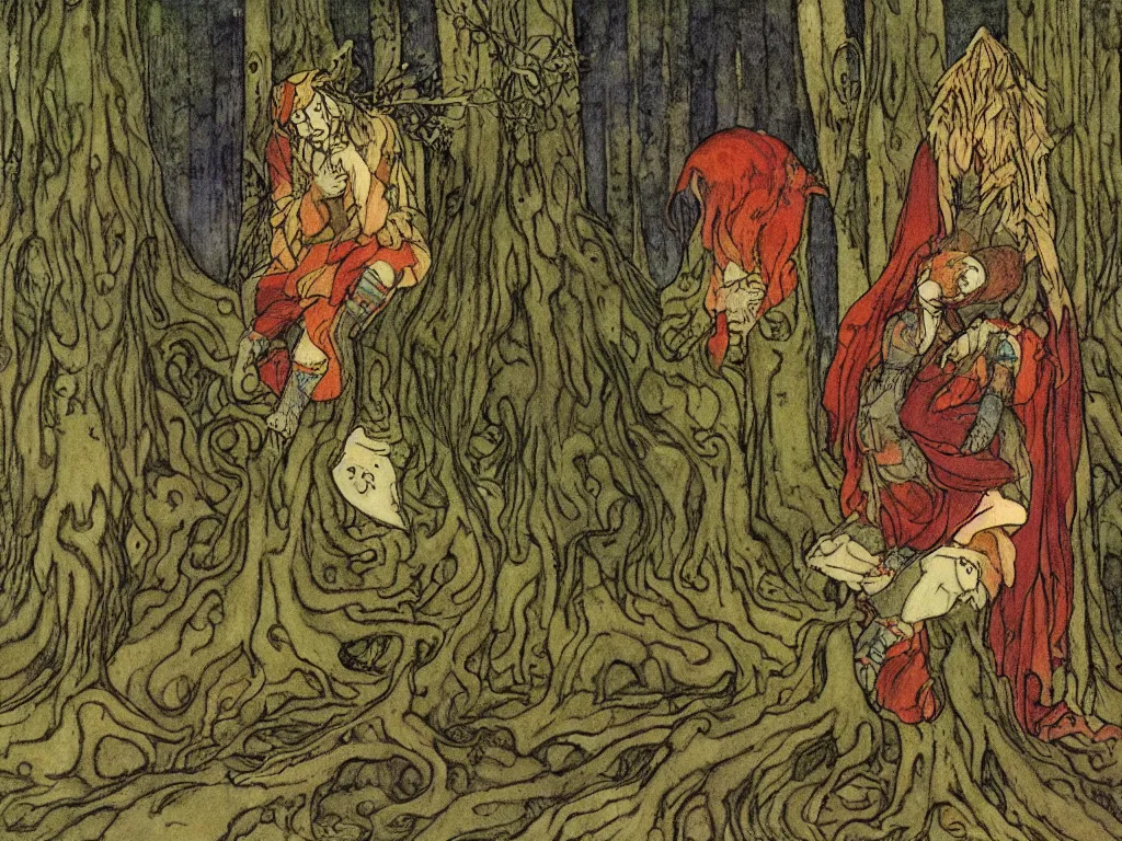 Prompt: a sad demon dressed like a harlequin, sitting in the forest on a tree stump and crying and sobbing. by Ivan bilibin and john bauer
