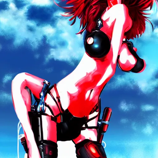 Image similar to cybertronic woman with scarlet red hair and curvacious body at the beach, yoji shinkawa influences, digital painting, synthwave, anime influences