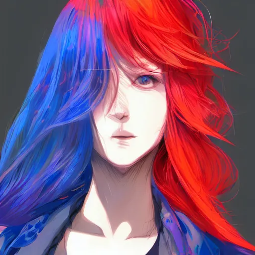 Image similar to full headshot portrait of woman with red hair and blue, digital art, drawn by WLOP, by Avetetsuya Studios, anime manga panel, trending on artstation, wearing a plaid shirt