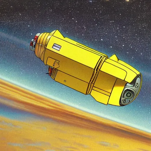 Image similar to little yellow spaceship with robot arm, in outer space, Ron cobb, Yoshitaka Amano, 1980s, science fiction