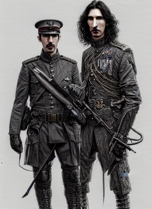 Prompt: a portrait of john oliver standing next to adam driver, stoic, military uniform, fantasy, intricate, beautiful, highly detailed, charcoal, centered, dark, smokey, digital painting, concept art, smooth, sharp focus, illustration, art by artgerm and greg rutkowski