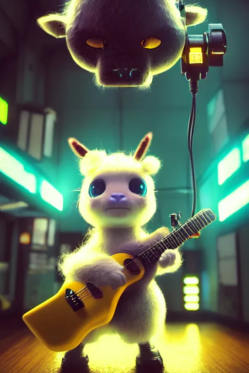 Image similar to high quality 3 d render very cute fluffy! cyborg cow plays guitar, cyberpunk highly detailed, unreal engine cinematic smooth, in the style of blade runner & detective pikachu, hannah yata charlie immer, moody light, low angle, uhd 8 k, sharp focus