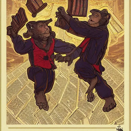 Image similar to [two monkeys throwing books in a bonfire, behind them space rockets are taking off. propaganda, closeup, D&D, intricate, elegant, highly detailed, digital painting, artstation, concept art, matte, sharp focus, illustration, art by Artgerm and Greg Rutkowski and Alphonse Mucha and Enki Bilal]