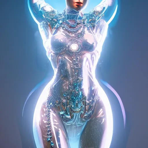 Prompt: woman full body, ethereal, biomechanical, cyberpunk, covered in diamonds and other gems glowing, elegant posed intricate, extremy detailed andrew chiampo, frederik heyman, beeple, cgsociety, artstation. cinematic lighting, highly detailed 4 k art