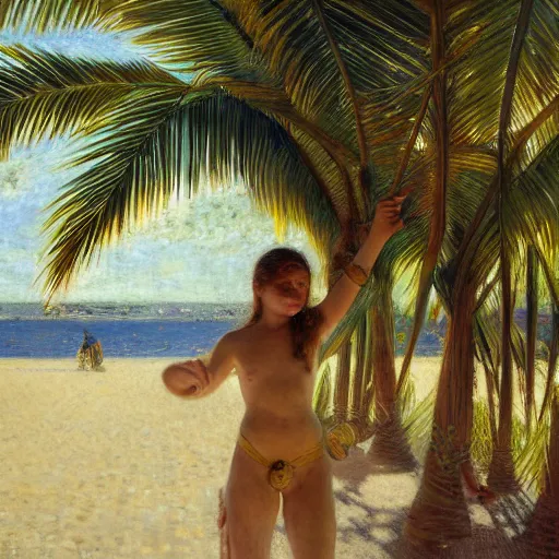 Image similar to a ultradetailed beautiful painting of a girl in the amazonas palace designed by jules bastien - lepage, hans belmer, frank weston and gustave baumann, beach, trending on artstation, mediterranean, palm trees, light sparkles, sharp focus, soft light, 8 k 4 k