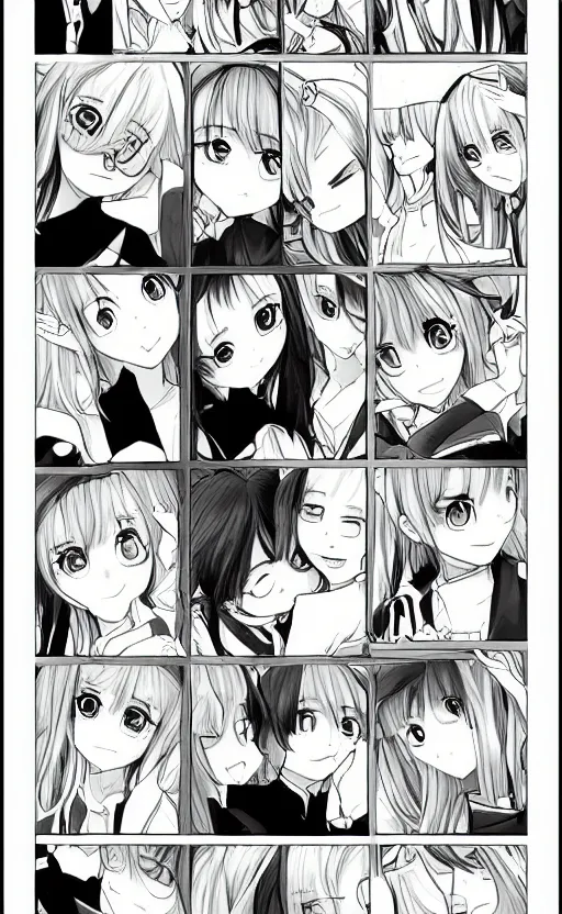 Image similar to a page of multi-panel shoujo!! ai school!! manga, black and white chibi manga!!! style, kawaii manga, japanese text kanji, coherent manga characters