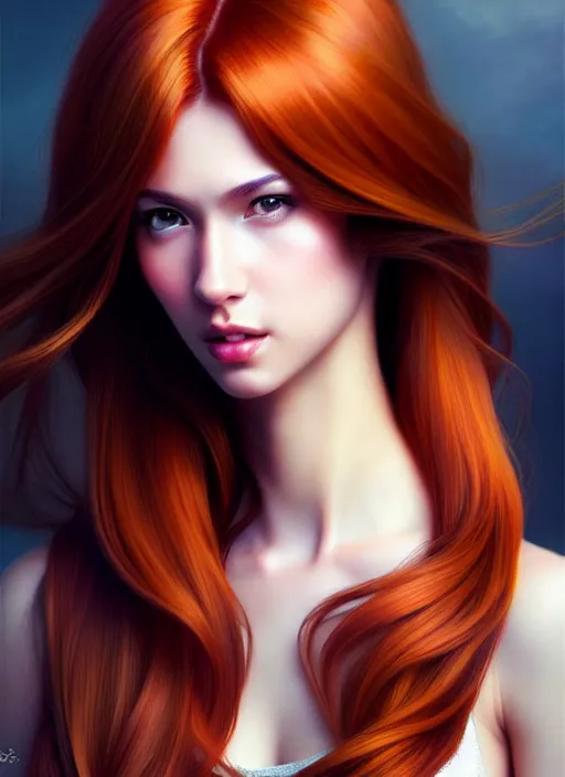 Image similar to a gorgeous female with long auburn hair in the style of stefan kostic, realistic, full body shot, wide angle, sharp focus, 8 k high definition, insanely detailed, intricate, elegant, art by stanley lau and artgerm, floating embers