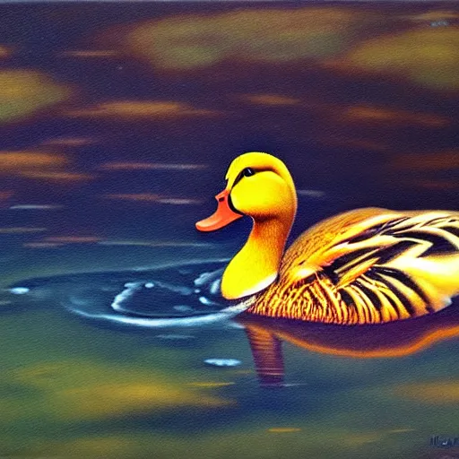 Prompt: a duck on the prowl oil painting jim warren