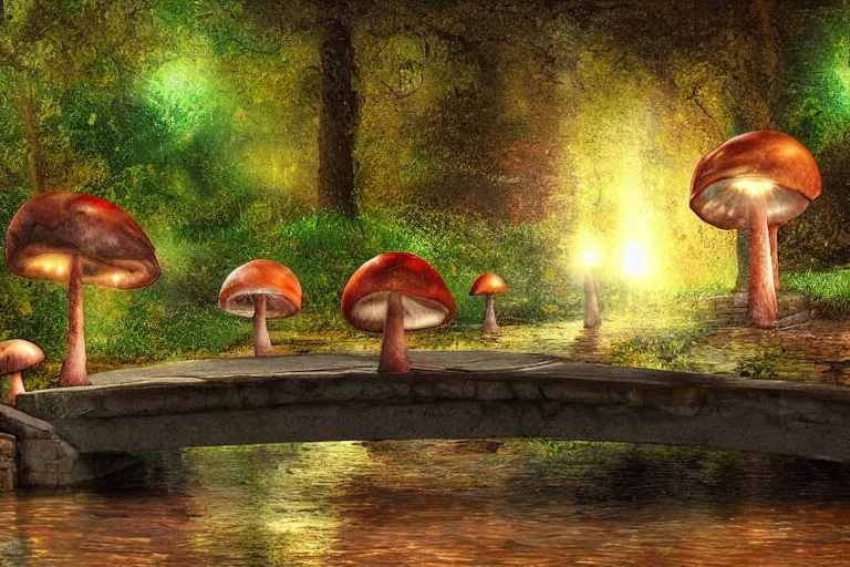 Image similar to giant mushrooms with lights next to a small bridge, flowing water, digital art, scenic,