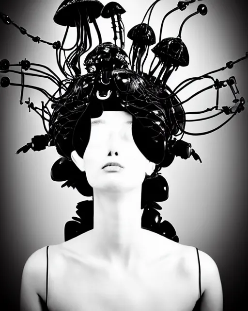 Image similar to dreamy surreal poetic black and white photo of a beautiful young bio-mechanical-female-jellyfish-cyborg-plastic-robot with a very long neck and a super big gothic lace collar and a very high big floral crown with many black dry roses by Vivienne Westwood:: smoke, high fashion, haute couture, rococo, avant-garde, elegant, dreamy, hyper realistic, 150 mm lens, soft rim light, octane render, unreal engine, picture was taken in 1910 by Dora Maar, volumetric lighting, dramatic light,8k,