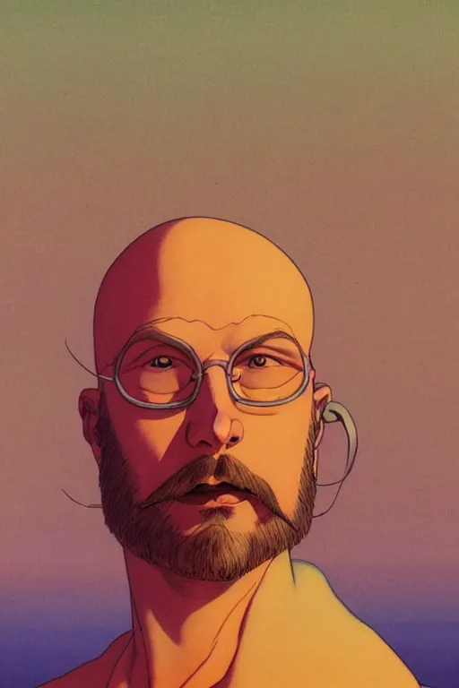 Image similar to a colorful closeup portrait of a young bald man with a huge beard and dreaming psychedelic hallucinations in the vast icy landscape of antarctica, by kawase hasui, moebius and edward hopper, colorful flat surreal design, hd, 8 k, artstation