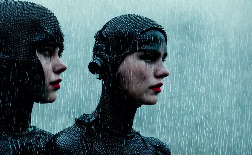 Image similar to cinestill 5 0 d candid photographic portrait by christopher nolan of two loving female androids wearing rugged black mesh techwear in treacherous waters, extreme closeup, modern cyberpunk moody emotional cinematic, pouring rain menacing red spotlight, 8 k, hd, high resolution, 3 5 mm, f / 3 2, ultra realistic faces, ex machina