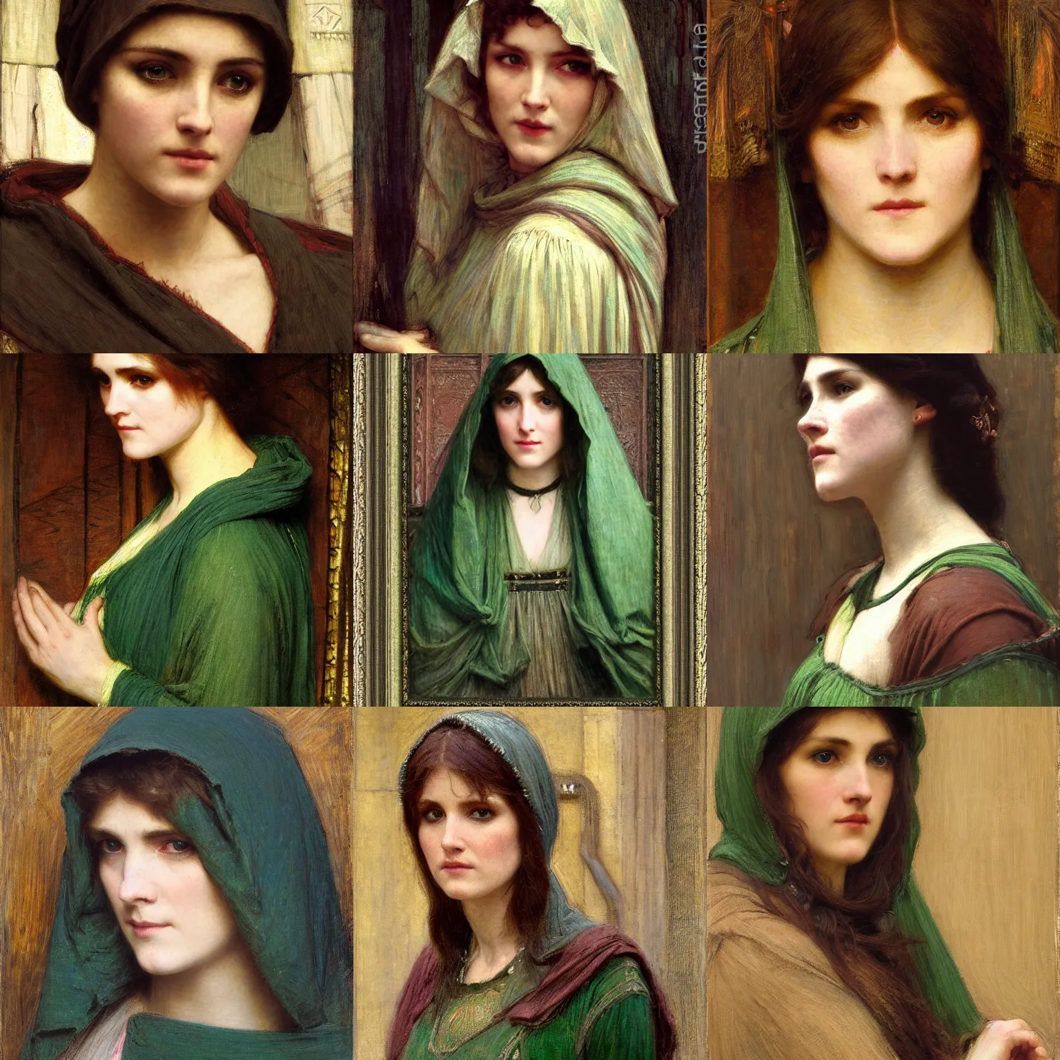 Image similar to woman with green eyes wearing a hood intricate portrait by john william waterhouse and Edwin Longsden Long and Theodore Ralli and gaston bussiere. Cinematic, hyper realism, dramatic lighting, high detail 8k