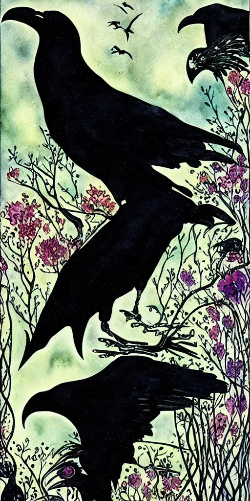 Prompt: floral frame with ravens peeking through art by kay nielsen, illustration style, watercolor