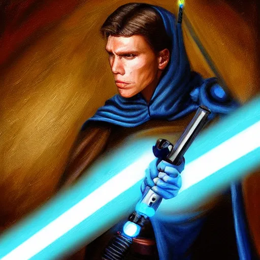 Prompt: jerma 9 8 5 wielding a blue lightsaber, jedi, detailed painting, trending on artstation