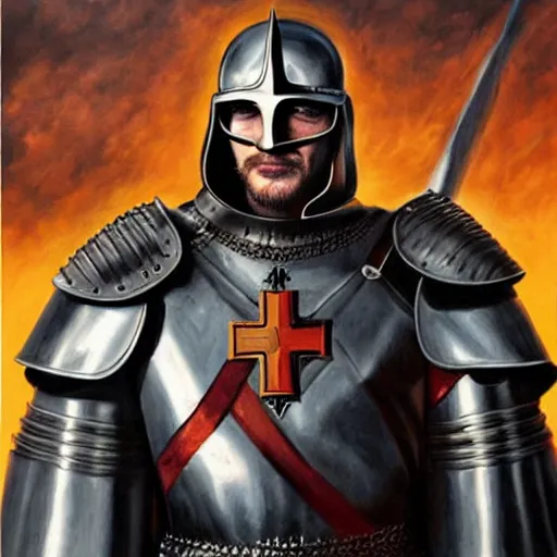 Prompt: oil painting of Tom Hardy as crusader, wearing full armour, crusader cross on chest, by Arthur Adams, Diego Gisbert Llorens