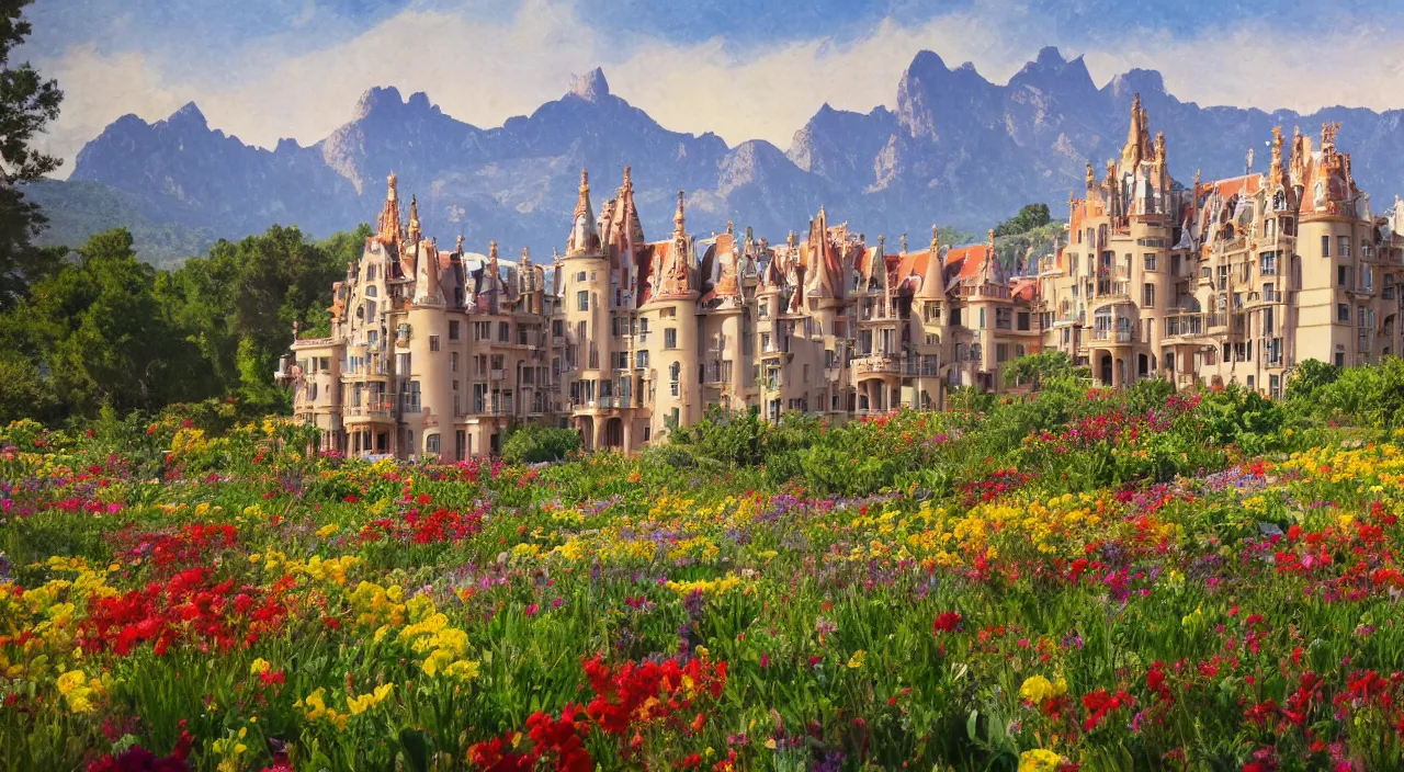 Image similar to a manor designed by Antoni Gaudí, with flower fields as foreground, with mountains as background, trending on artstation