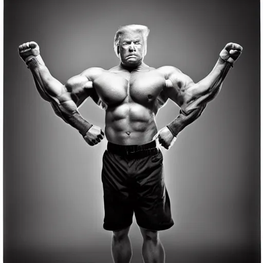 Prompt: very muscular donald trump, 8k, black and white photo, professional photography