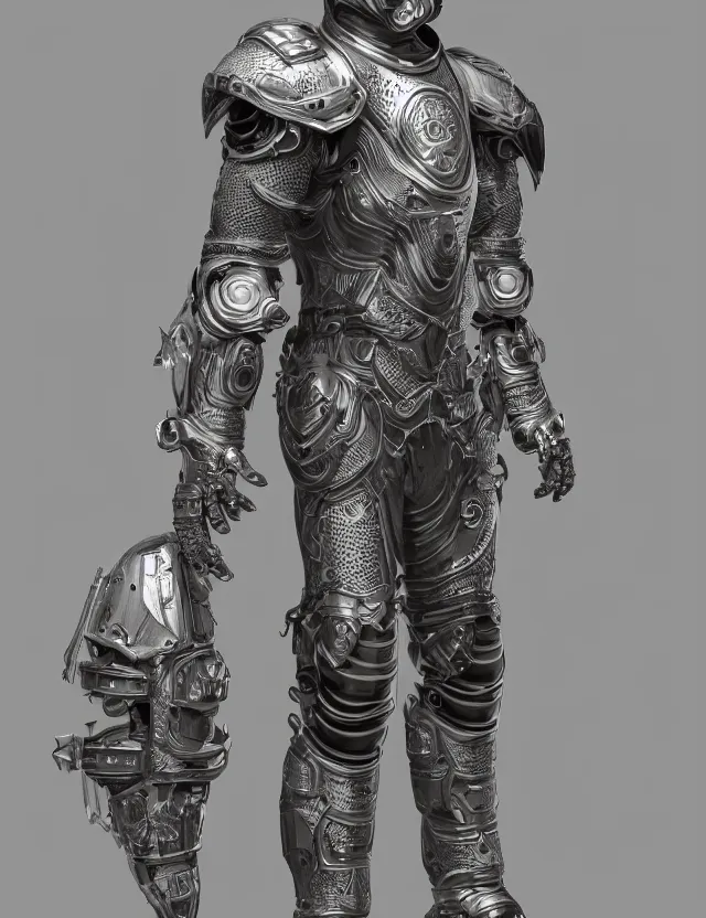 Image similar to full body shot, digital realistic 3 d rendering of a futuristic retro spacepunk intricate armor holy paladin with light powers and intricate head armor, highly detailed, 4 k, hdr, smooth, sharp focus, high resolution, award - winning photo., corona render, substance painter hyper detailed armor. trending on art statation