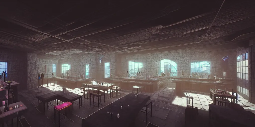 Image similar to Highly detailed realistic photo of interior design in style of minimalism by Hiromasa Ogura and Josan Gonzalez of detailed cyberpunk tavern with stone walls and neon lights, a lot of electronics and people, many details. Natural white sunlight from the transperient roof. Rendered in Blender