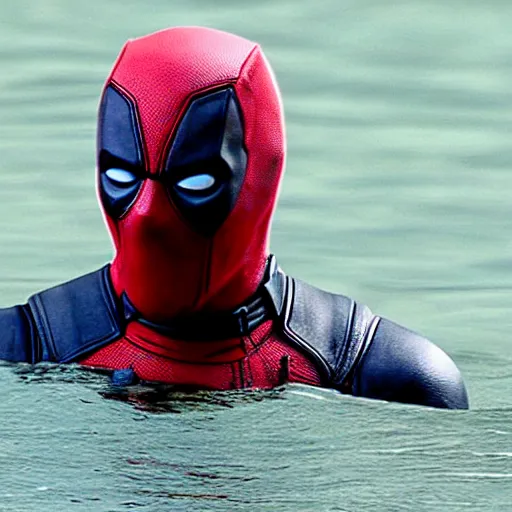 Image similar to deadpool sticking his head out of lake meed