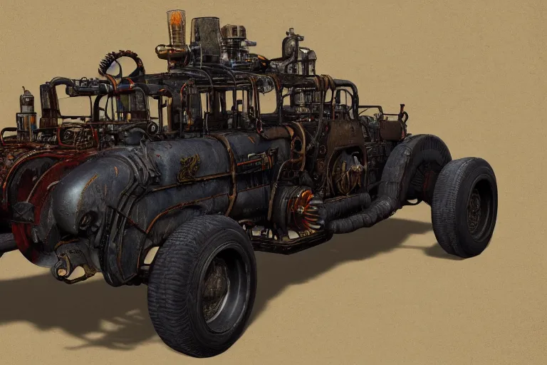 Prompt: hellfire engine strokeed by the echo, mad max, wasteland, in the style of hannes bok and doug chiang and vernon grant, trending on artstation, back lighting rear view steampunk, blueprint, muted colors, gothic, tachisme