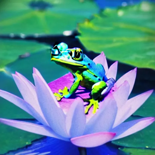 Prompt: cute blue frog sitting on a water lily, intricate, elegant, sharp focus, illustration, highly detailed, concept art, matte, trending on artstation, anime, art by kuvshinov ilya h 6 4 0