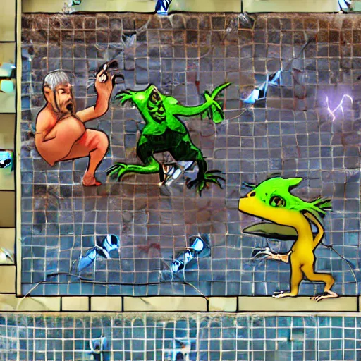 Prompt: photo, two ugly old men fight rat monsters 5 3 8 2 8 inside a swimming pool, highly detailed, scary, volumetric lighting