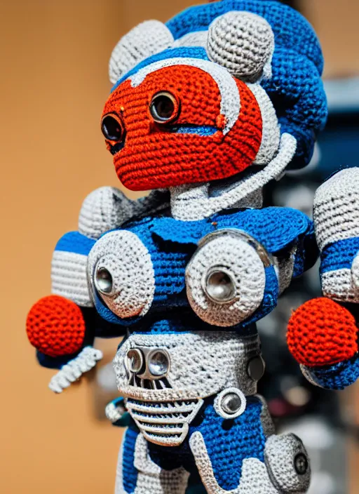 Image similar to a crochet mecha, very detailed, Sigma 30 mm f/1.4