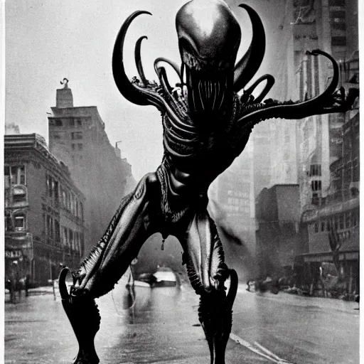 Image similar to old black and white photo, 1 9 1 3, depicting a xenomorph from the movie aliens rampaging through the bustling streets of new york city, historical record