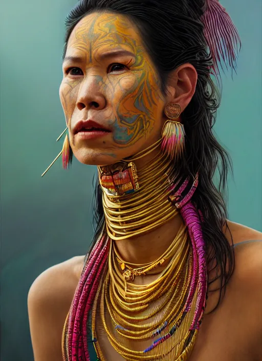 Image similar to portrait of catriona balfe ( outlander ) as a kayan tribe woman with gold neck rings, hyper detailed ultra sharp trending on artstation, colorful, psychedelic, ornate, intricate, digital painting, concept art, smooth, sharp focus, illustration, art by artgerm and greg rutkowski and h. r. giger, 8 k