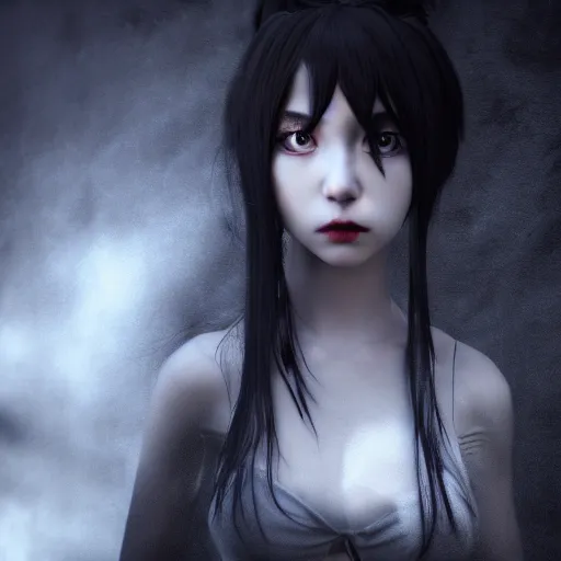 Image similar to photorealistic full shot portrait of angry darkness anime girl, inspired by Tim Burton, detailed, unreal engine 4k volumetric light, fog,