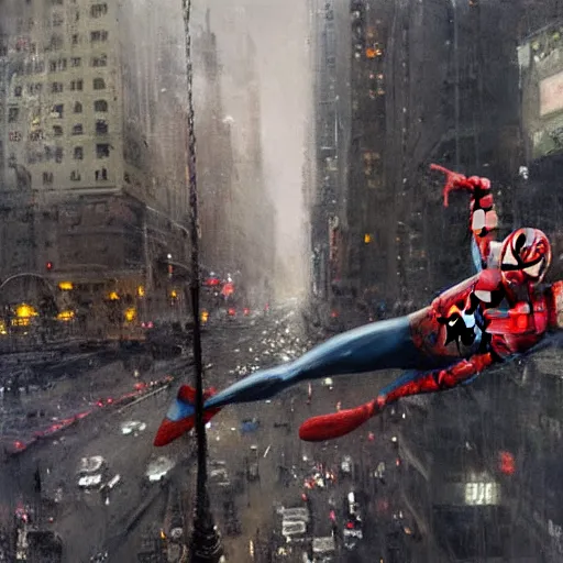 Prompt: spiderman swings through new york city jeremy mann painting