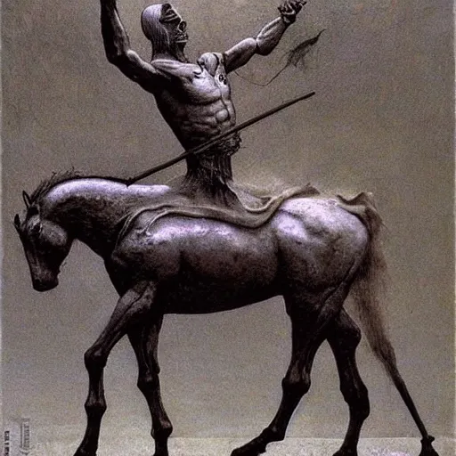 Image similar to centaur in ancient armor, tribal, beksinski