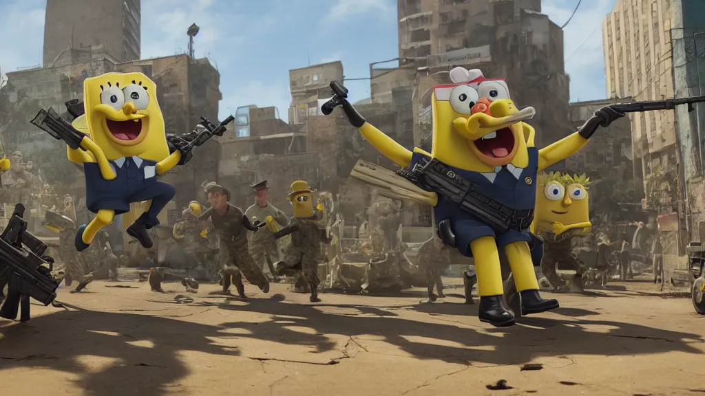 Image similar to spongebob squarepants as a navy seal, in a gun fight in an unknown third world city, wide shot, created in unreal engine 5, 3 d, hyperrealistic, rendered in octane, by yuumei, bayard wu, wlop, tim white, ross tran, 4 k