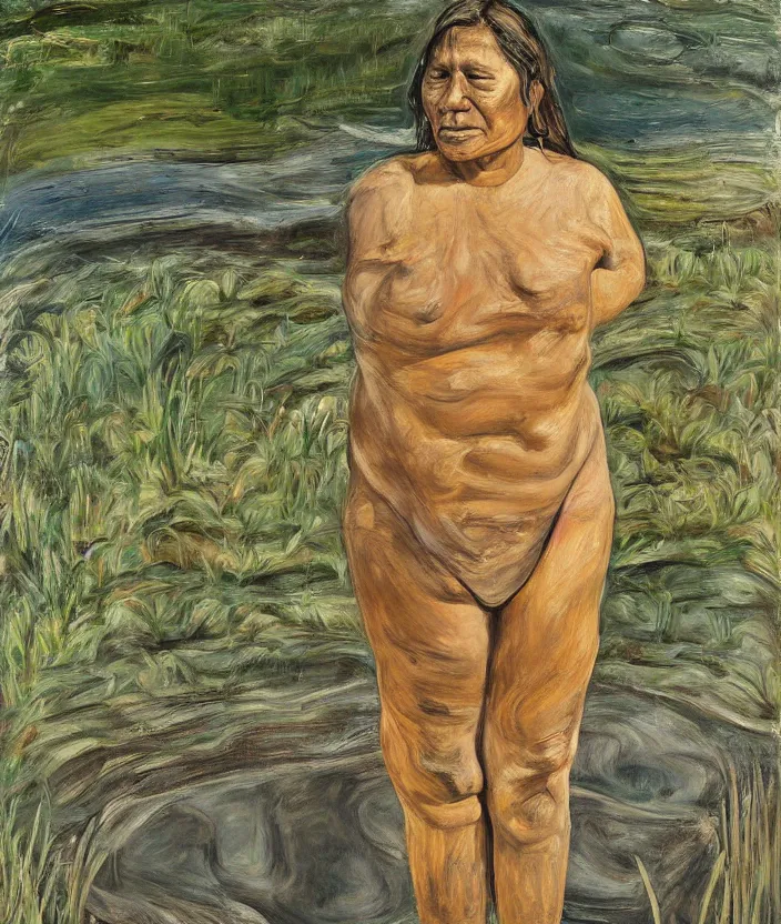 Prompt: indigenous woman standing in a pond, painted by lucian freud, hd, super detailed, realistic, muted colors