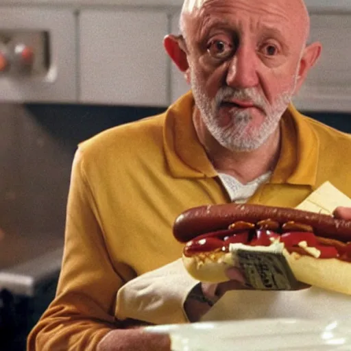 Prompt: mike ehrmantraut selling hot dogs