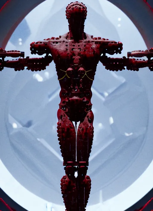 Image similar to rocks a statue jesus on cross made of red marble, perfect symmetrical body, full body shot, inflateble shapes, white biomechanical details, wearing epic bionic cyborg implants, masterpiece, intricate, biopunk, vogue, highly detailed, artstation, concept art, cyberpunk, octane render