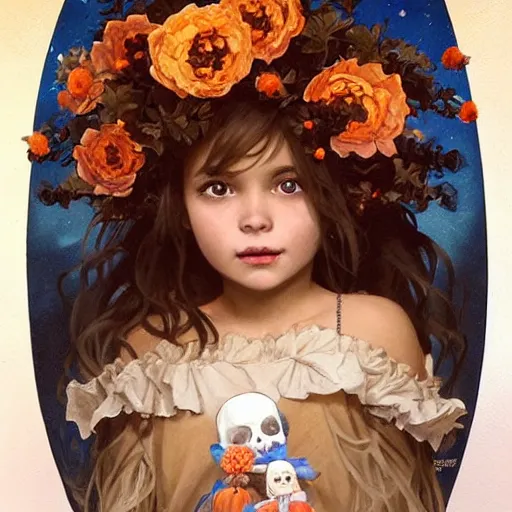 Prompt: a cute happy little girl with light brown wavy curly hair and blue eyes sitting amidst piles of skulls and pumpkins. beautiful cute highly detailed face. spooky halloween themed painting by artgerm and greg rutkowski and alphonse mucha.