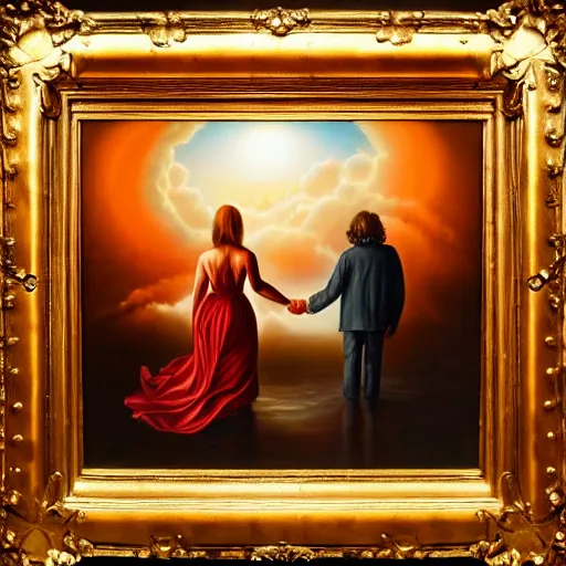 Prompt: photo of a couple walking hand in hand, in heaven and hell at the same time, realistic oil painting, hell in the bottom, heaven in the top, very detailed