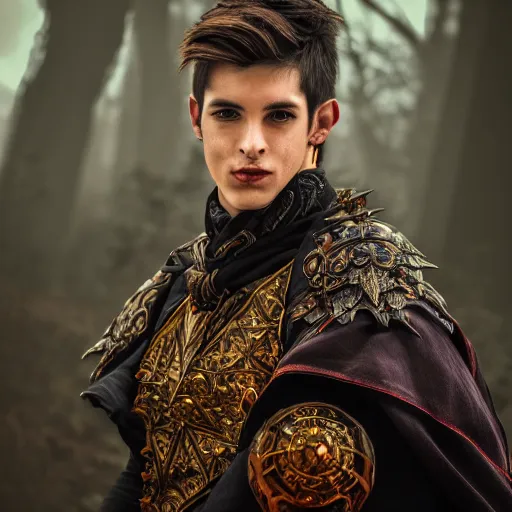 Image similar to a portrait of a male warlock,Grim fantasy, D&D, HDR, natural light, shoulder level shot, dynamic pose, award winning photograph, Mucha style 4k,