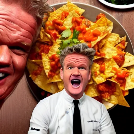 Image similar to Gordon Ramsey reacting to very very very very delicious nachos expertly arranged and presented